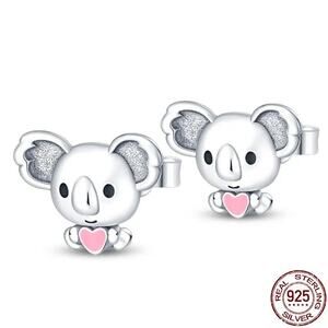 Sterling Silver Koala Bear Stud‎ Earrings with Pink Heart - S925